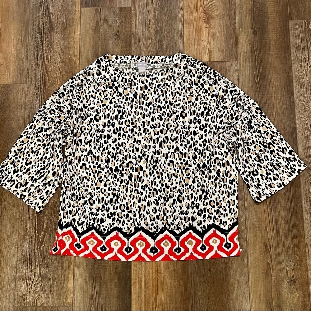 CHICO'S 2 US Size 12/14 Leopard Aztec Print Slinky Bell Sleeve‎ Tunic Top